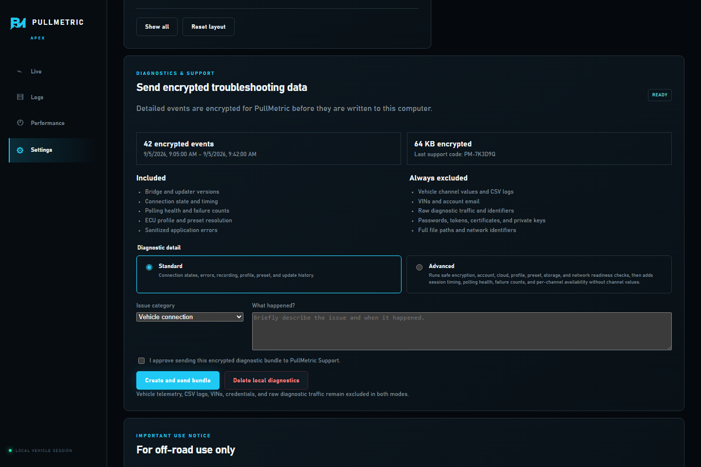 The real PullMetric encrypted diagnostics controls and explicit exclusion list